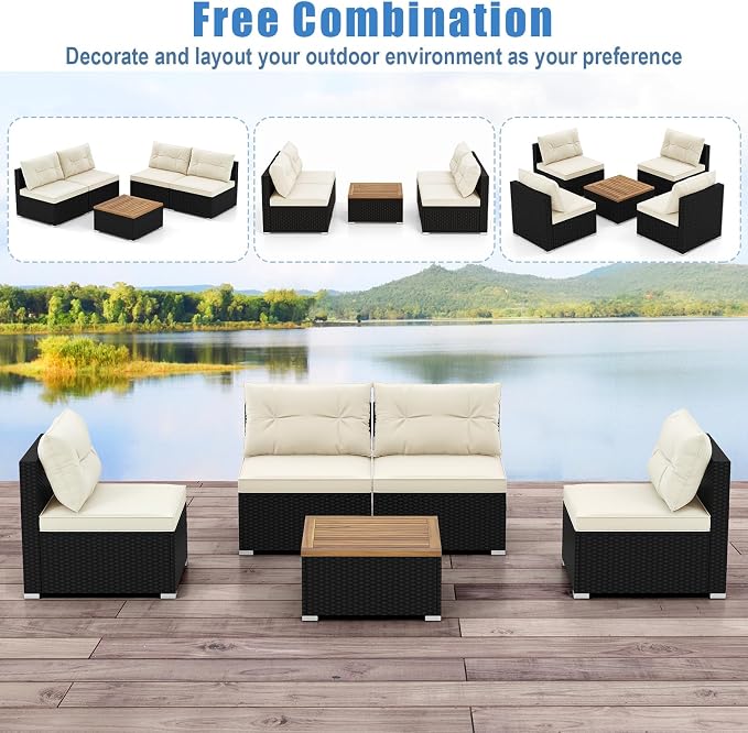 DORTALA 5 Piece Wicker Patio Furniture Set, PE Rattan Outdoor Sectional Conversation Set with Acacia Wood Coffee Table, 4 Chairs for Deck, Backyard, Poolside, Off White