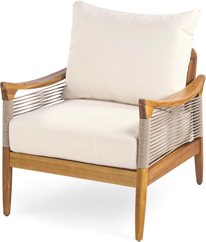 Merax 5-Piece Acacia Wood Patio Set with Rope Seats & Cushions | Teak-Finish Acacia Frame, Beige Woven Rope, Deep Seating Cushions And Coffee Table For Porch, Garden Or Backyard