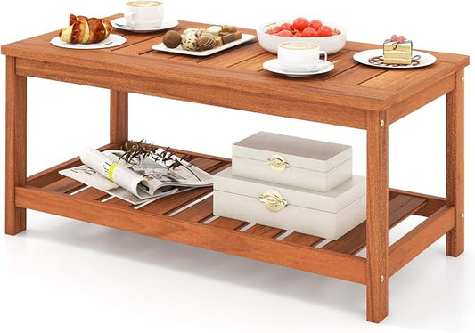 HAPPYGRILL Patio Coffee Table, Double-Tier Side Table with Solid Wood Structure, Slatted Tabletop & Shelf, Outdoor 2-Layer Rectangle Coffee Table for Backyard Porch Balcony