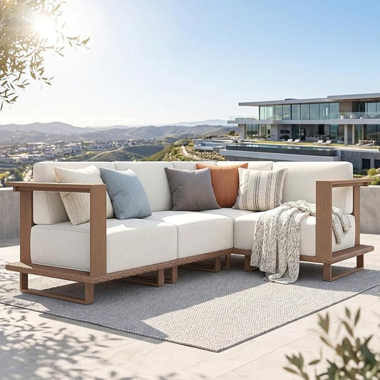 PHI VILLA HDPE Patio Furniture Set, 4 Pieces Sectional Outdoor Conversation Sets with 9.8" Thick Cushions, L Shaped Large Modular Wicker Rattan Patio Sofa Couch for Garden, Backyard(Beige)
