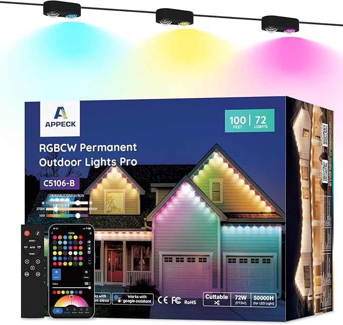 APPECK Permanent Outdoor Lights Pro, 100ft with 72 RGBCW Eaves Lights | Dual Lens, 72W, 80lm, Cuttable, IP67 Waterproof Lighting for Daily and Holiday Decor, Compatible with Alexa, Black