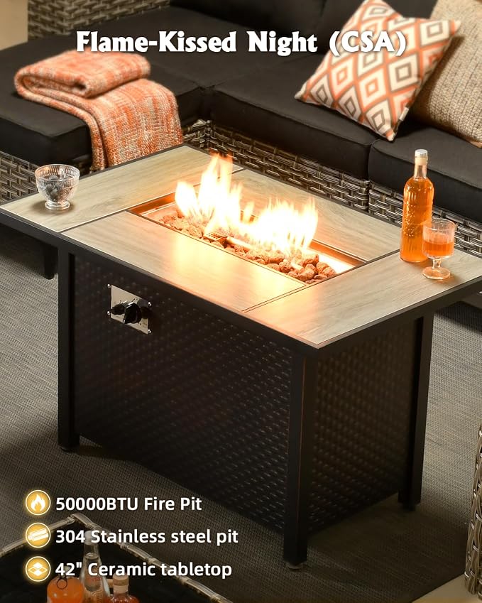 Outdoor Sectional Patio Furniture Set with Fire Pit Table,8 Pieces Wicker Conversation Sets L Shaped Couch,Extra Deep Out Door Sofa Outside Furniture with Swivel Chairs,Black