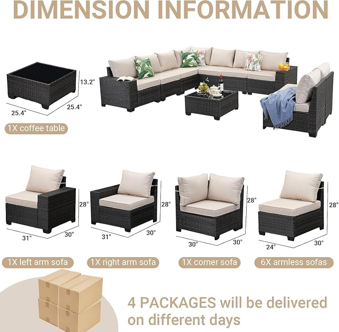 10-Piece Outdoor Patio Furniture Set with PE Wicker Sectional Sofa, Removable Cushions, Glass Coffee Table, Left and Right Armrest Rattan Conversation Set for Garden, Porch, Deck, Backyard(Blue)