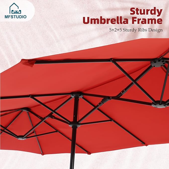 MFSTUDIO Outdoor Dining Set with Umbrella, Patio Dining Set for 6 Persons, Patio Furniture Set with 1 Rectangular Table Fixed Chairs 2 Swivel Chairs & Orange Red Umbrella (Base not Included)