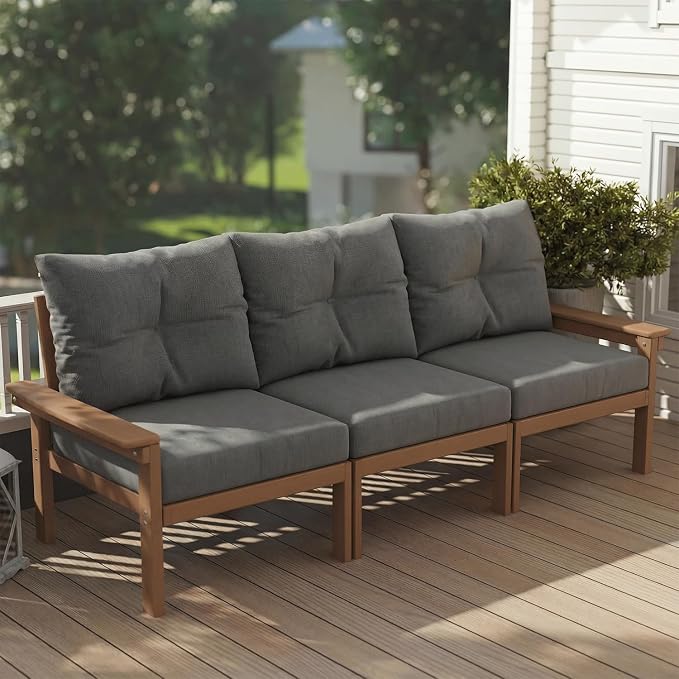 Teak HDPE Patio Sofa Set, 3-Piece Sectional Outdoor Patio Furniture Set, All Weather Outdoor Couch Set with Washable Thick Cushions for Lawn, Garden, Deck, Balcony, Porch, Poolside, Yard