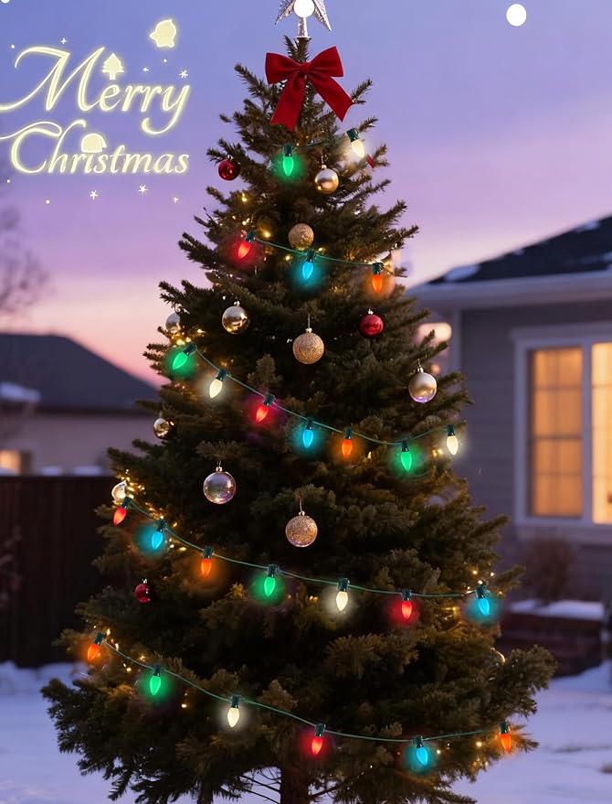 C7 Multicolor Christmas Lights Outdoor, 26Ft Vintage 5W Incandescent Christmas String Lights with 27 Ceramic Light Bulbs, Hanging Old Fashioned Xmas Decor Lights for Party Holiday Backyard Wedding