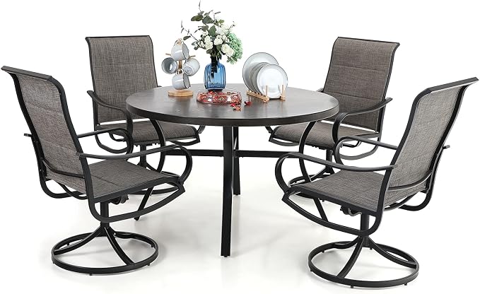 PHI VILLA 5 Piece Ourdoor Patio Dining Set, 4 Swivel Dining Padded Sling Fabric Chairs & 44" Dia Round Patio Dining Table (with 1.97" Umbrella Hole), for Garden Deck Restaurant