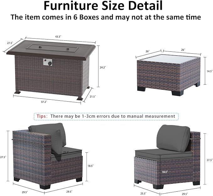 Outdoor Patio Furniture Set with Fire Pit Table, 10 Pieces Outdoor Furniture Set Patio Sectional Sofa w/43in Propane Fire Pit, PE Wicker Rattan Patio Conversation Sets - Grey.