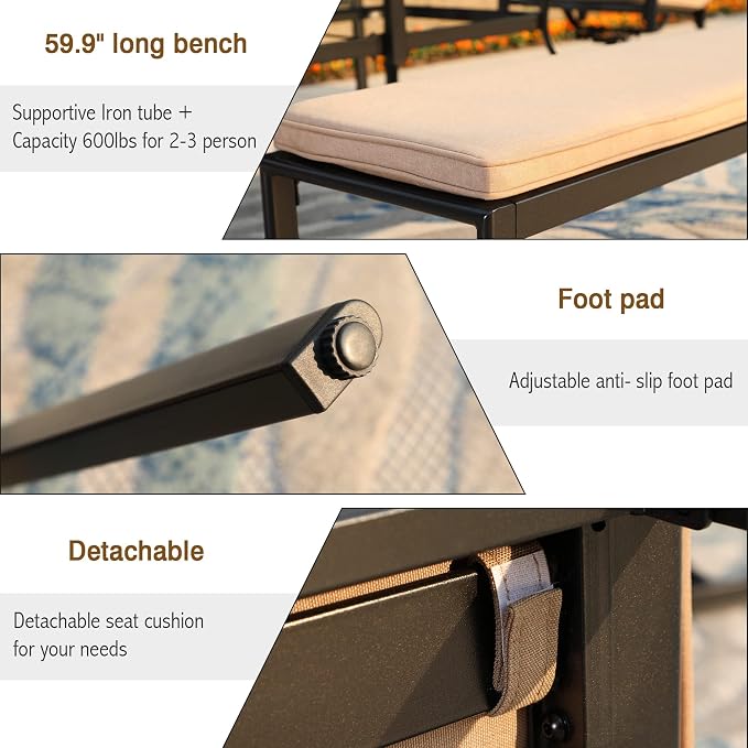 Sophia & William Patio Dining Set 6 Pieces, Swivel Patio Dining Chairs, Fixed Chairs and Bench, Large 60" Metal Dining Table, for Lawn Support 300lbs