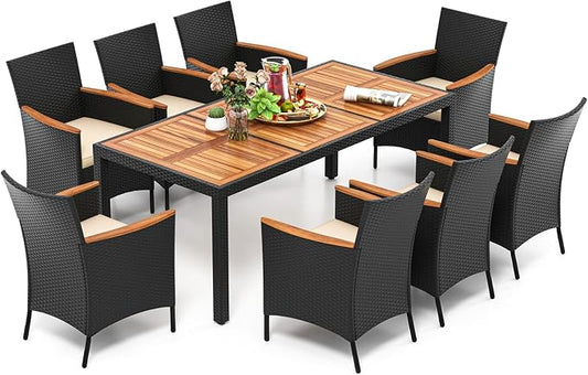 KOTEK 9 Piece Outdoor Dining Set, Rattan Patio Dining Table and Chairs Set for 8 with 1.96'' Umbrella Hole and Seat Cushions, Wicker Patio Dining Set for Deck, Backyard