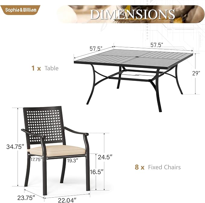 Sophia & William Patio Table and Chairs Set, Outdoor Dining Set for 8, 9 Piece Metal Patio Furniture, 57.5" Black Square Table(Beehive)
