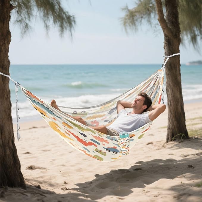Cute Cars Dinosaurs Camping Hammock, Portable Lightweight Single Hammock with Tree Straps and Aluminum Carabiners, 114" x 54" Travel Hammock for Hiking Backpacking Beach
