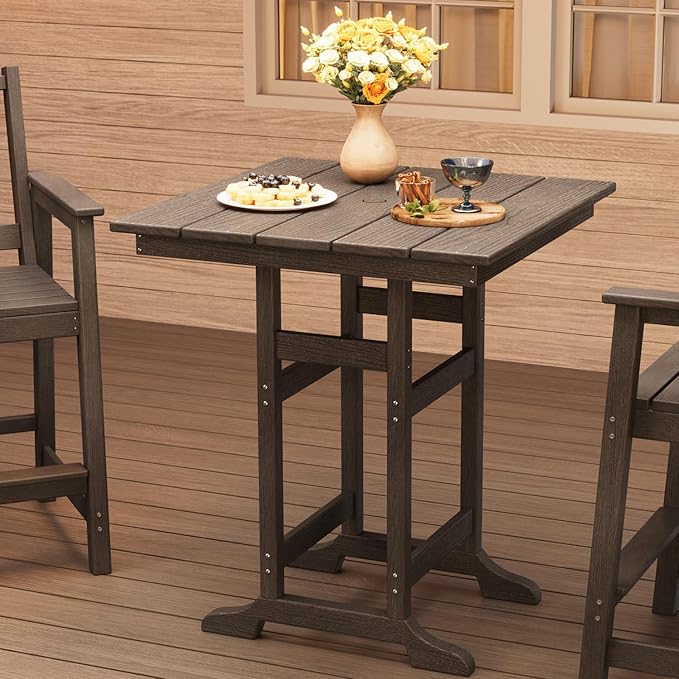 Takywep 31.5" Square HDPE Wood Grain Outdoor Bar Table, 39.6" High Weatherproof Pub Table for Patio and Poolside, Tall Bistro Table with 300 Lb Weight Capacity and Umbrella Hole, Dark Grey