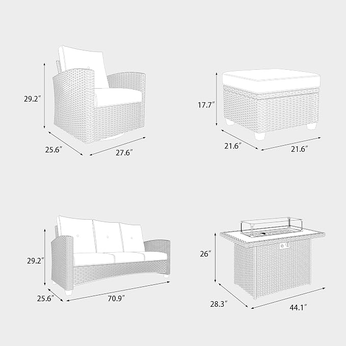 6 Pieces Patio Furniture Swivel Chairs Set with Fire Pit Table, Outdoor Wicker Glider Rocking Chairs with Sofa Set