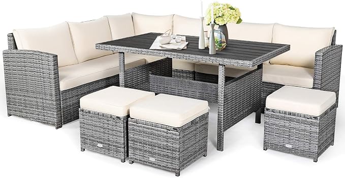 Tangkula 7 Pieces Patio Furniture Set, Outdoor Sectional Rattan Sofa Set with Cushions, All Weather Wicker Conversation Couch Set w/Dining Table & Ottomans for Backyard Garden Poolside (White)