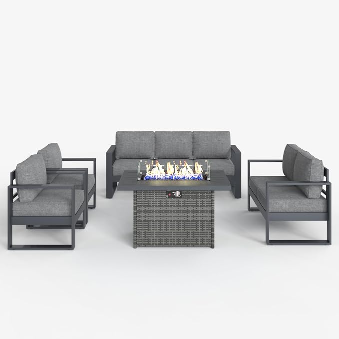 LayinSun 5 Pieces Aluminum Outdoor Patio Furniture Set, Metal Modern Conversation Sofa Set with Fire Pit Table and Washable Thick Cushions for Porch, Backyard, Deck