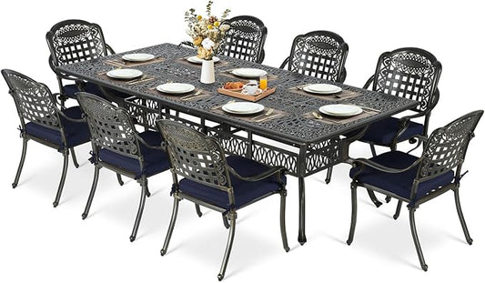 MEETWARM 9-Piece Outdoor Patio Dining Set for 8, All Weather Cast Aluminum Patio Funiture Table and Chairs Set- 94.5” Rectangular Table and 8 Cushioned Chairs for Garden, 2" Umbrella Hole, Navy Blue