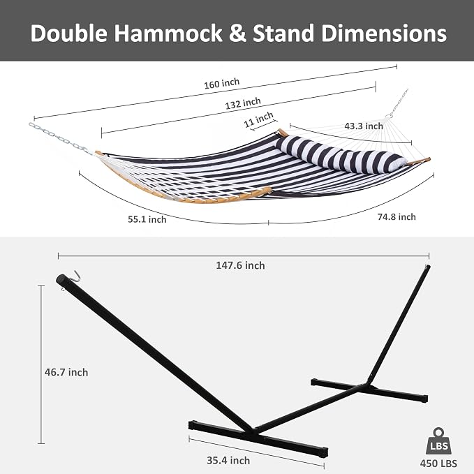 SUNCREAT Hammocks Extra Large Hammock with Stand Included, Double Hammock with Curved Spreader Bar, Black Stripes