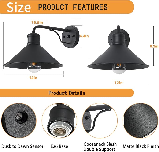 Outdoor Light Fixture for Porch and House, 12" Exterior Barn Light with Dusk to Dawn Black Classic Light Fixture for Farmhouse (Set of 2)