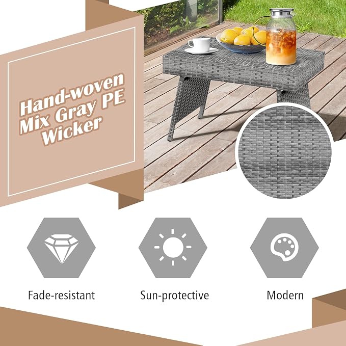 DREAMADE Rattan Side Table, Folding Small Patio Wicker Desk Outdoor Deck Furniture w/PE Rattan, Robust Metal Structure, Outdoor Coffee Table for Patio, Deck, Yard, Poolside, Garden, Balcony (Gray)
