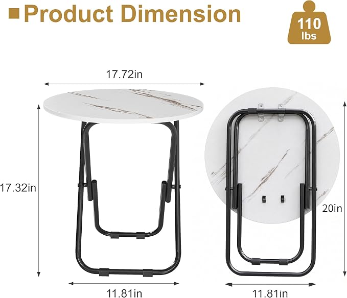 VECELO 17.7" Small Folding Table, Round Patio Outdoor Side Snack Table, Waterproof Wood End Table with Anti-Rust Metal Legs for Living Room Bedroom Garden Yard Balcony Porch