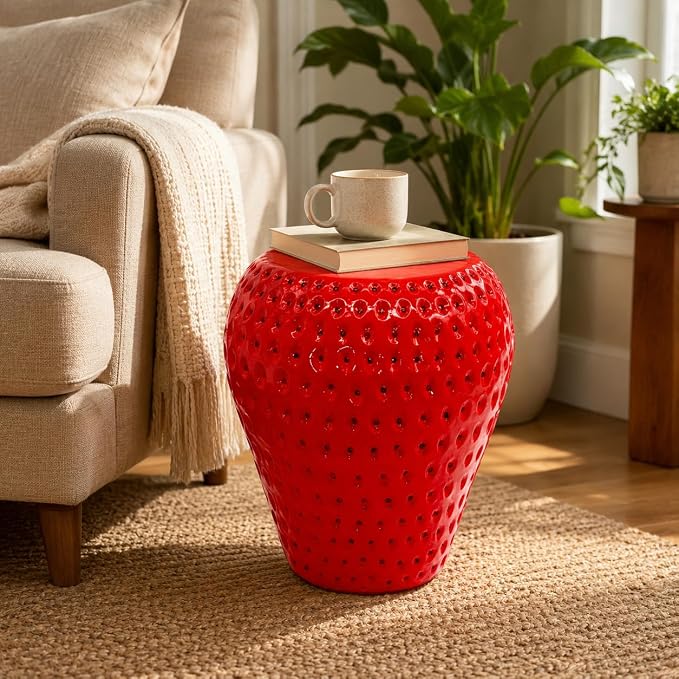 13.4" Strawberry Outdoor Garden Stool, Funky Fruit Side Table Indoor, Vibrant Table Home Decor Plant Stand Garden Indoor Outdoor Decorations
