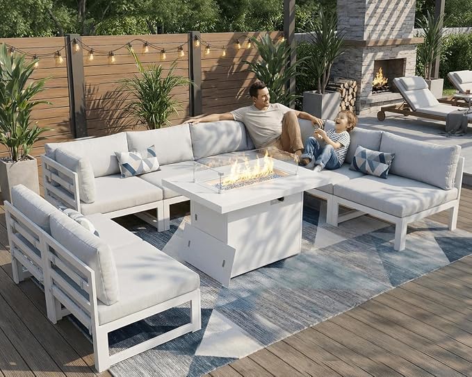 NICESOUL Aluminum Frame Patio Furniture Set with Firepit Table, Oversized Modular L Shaped Outdoor Sectional Sofa, 29" Deep Seating, 9 Piece 500 lbs Heavy Duty Conversation Set for Deck, Light Grey