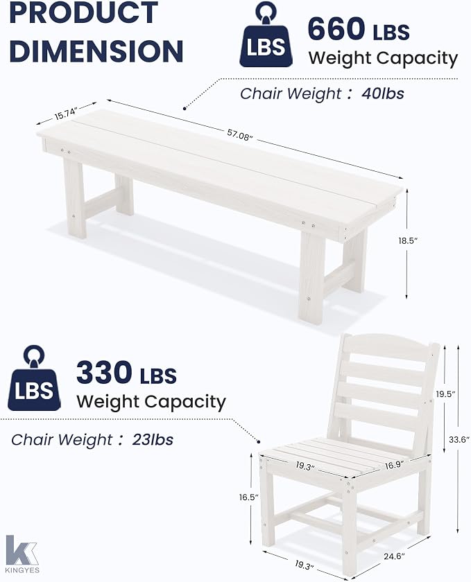 KINGYES Patio Armless Dinning Chairs Set of 2, HDPE All-Weather Outdoor Patio Chairs for Garden Backyard, White