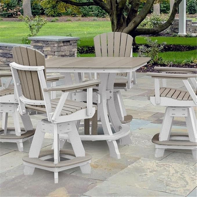 Pemberly Row Coastal Five Piece Square Counter Height Dining Set, Resin Construction, Weatherwood and White Finish, Durable Fan Back Swivel Chairs with Foot Rest, 44 in Table for Patio or Outdoor Use