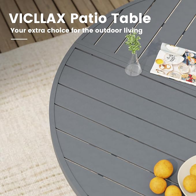 VICLLAX 53" Round Outdoor Table, Patio Dining Table for 8 with Umbrella Hole for Garden Lawn Deck Backyard, Dark Grey