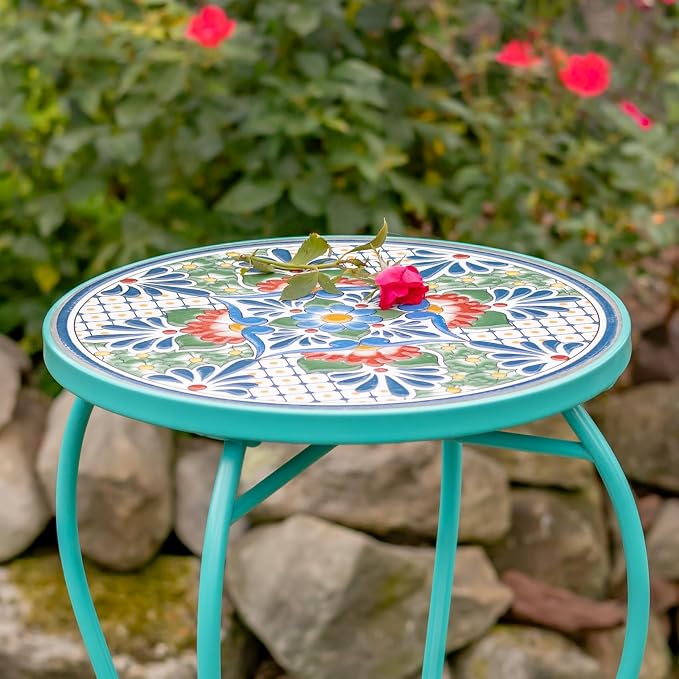Zaer Ltd. Mosaic Tile Furniture with Teal Metal Frame and Patterned Tile Tops (Baton Rouge - Teal/Blue/Green, Pedestal Plant Stand)