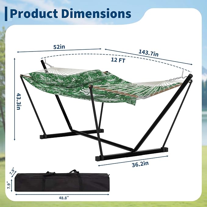 12FT Hammock with Stand for Outside,Heavy Duty Hammock Stand and Cotton Polyester Fabric,450lbs Capacity,Carrying Bag,2 Person Hammocks for Patio,Garden,Backyard,Camping, or Beach,Green