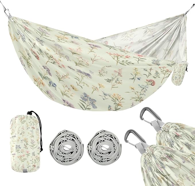 Watercolor Wildflower Pattern Camping Hammock, Portable Lightweight Single Hammock with Tree Straps and Aluminum Carabiners, 114" x 54" Travel Hammock for Hiking Backpacking Beach
