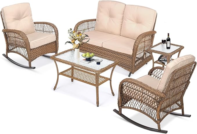 MEETWARM 5 Pieces Outdoor Wicker Patio Conversation Sets with Glider Loveseat, 2 Chairs with 2 Glass-Top Coffee Table Rocking Glider Set, Wicker Conversation Set with Thickened Cushions, Beige