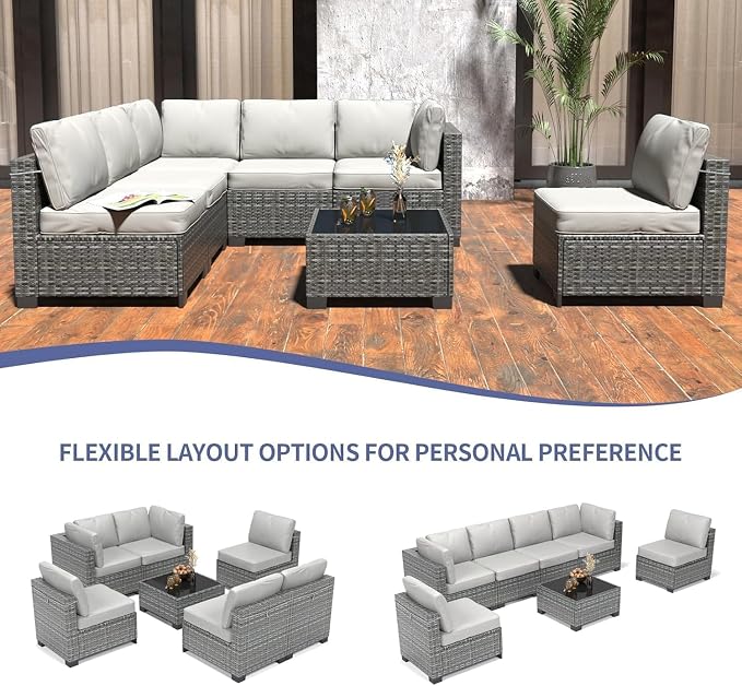 7 Piece Patio Furniture Set, Outdoor Modular Wicker Sectional Couch with Tempered Glass Coffee Table, All-Weather Rattan Conversation Set with Washable Cushions for Backyard, Garden, Deck
