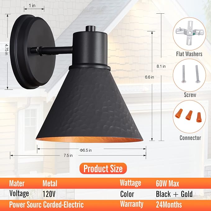 2 Pack Outdoor Wall Sconces - Wall Lights Fixture Exterior Farmhouse Porch Light with Hammered Metal Shade, Anti-Rust Waterproof Black Outside Barn Light for Front Porch Patio Garage Gazebo House