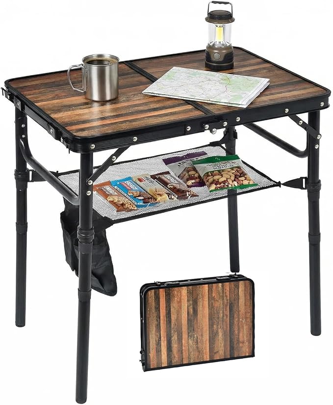 Small Folding Camping Table, 2ft Portable Picnic Table Aluminum 24" x 16" Folding Table, 3 Adjustable Heights Portable Lightweight Table Dining Table for RV, Picnic, Beach (Wood Grain)