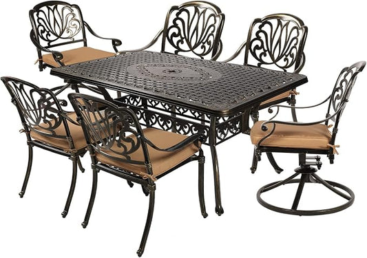 MEETWARM 7-Piece Outdoor Patio Dining Set, All-Weather Cast Aluminum Patio Conversation Set with 2 Swivel Rocker Chairs, 4 Stationary, 1 Rectangular Table, 6 Cushions, 2" Umbrella Hole