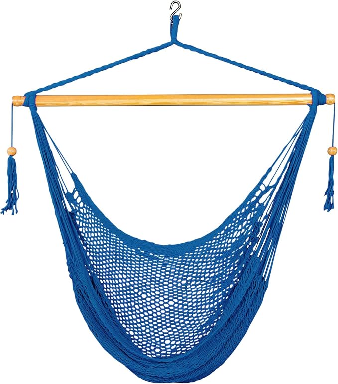 Bliss Hammocks BHC-412BLU Island Rope Hammock Chair, Eco Friendly & Hand-Woven Cotton, Varnish Coated 40 Inch Wood Spreader, Easy to Hang w/Included Hanging Kit, Supports up to 265LBS, Blue Rope