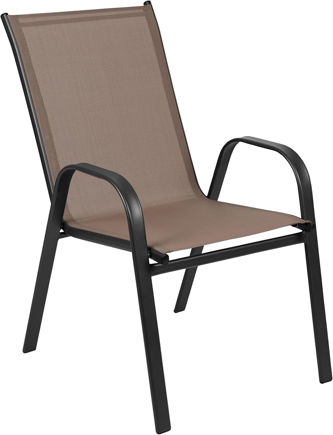 Merrick Lane Bardwell 5 Piece Outdoor Dining Table Set for 4 with Glass-Top Patio Table and 4 Stack Chairs with Flex Comfort Material in Brown