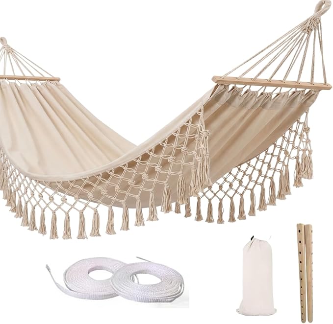 Bohemian Canvas Hammock with Tassels, 79"x39", 300 lbs, White | Soft Breathable Cotton Canvas Hammock,79x39in,2 Hanging Straps Wooden Bar;3 colors,compact for students renters dorm balcony