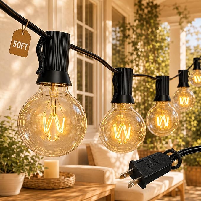 Abeja 50FT G40 Globe String Lights, Outdoor Patio Lights | 53 Clear Incandescent Bulbs(3 Spare), Warm White Glow, Plug-in Bistro Lights for Backyard Porch Balcony Wedding, Black