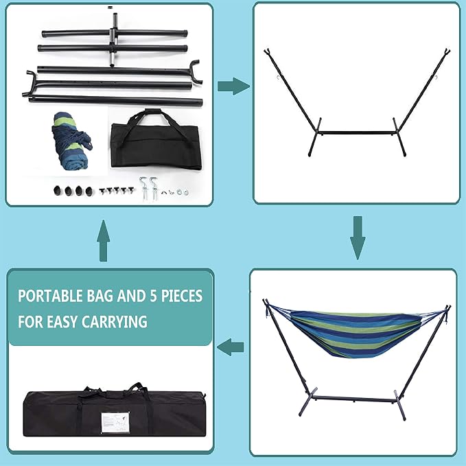 Double Classic Hammock with Stand for 2 Person- Indoor or Outdoor Use-with Carrying Pouch-Powder-Coated Steel Frame - Durable 450 Pound Capacity，Brown/Gray Striped (Blue and Green)