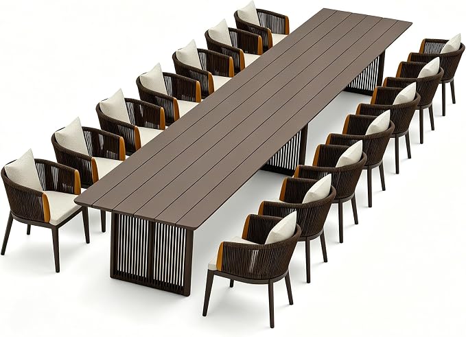 PURPLE LEAF 15 Pieces Outdoor Dining Set for 14, Aluminum Outdoor Patio Table and Chairs Set with Olefin Cushions, All-Weather Patio Dining Set for Garden or Deck, Brown