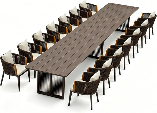 PURPLE LEAF 15 Pieces Outdoor Dining Set for 14, Aluminum Outdoor Patio Table and Chairs Set with Olefin Cushions, All-Weather Patio Dining Set for Garden or Deck, Brown