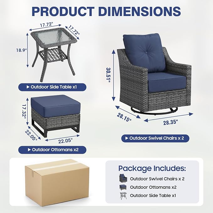 5 Piece Patio Furniture Set,360°Swivel Glider Patio Chairs Set of 2,Side Tale and 2 Ottomans, All-Weather Wicker Patio Set Comfortable Seating with 6 Inch Thick Cushions for Balcony Garden