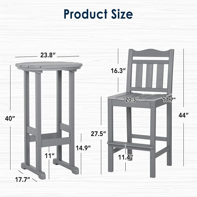 nalone Outdoor Bar Chairs and Table Set, HDPE Balcony Adirondack Chairs and Table 3 Pieces Set, Outdoor Bar Stools Set for Garden, Yard, Backyard