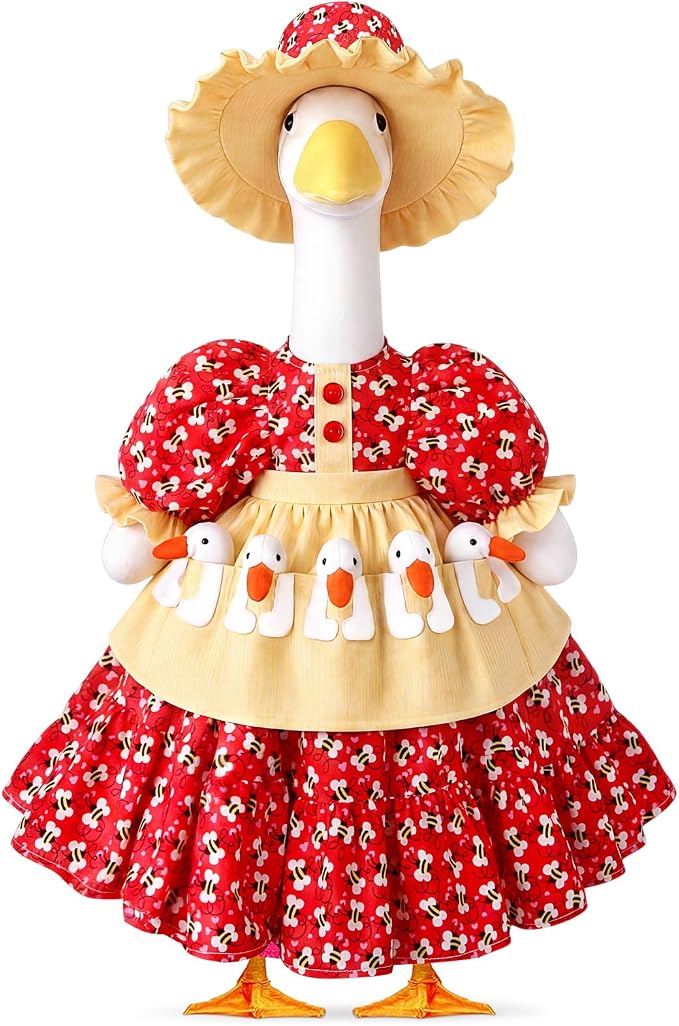 Porch Goose Outfit Set for 23 Inch Goose Statue, Spring Flower Lolita Dress with Hat and 3D Baby Apron, Rustic Farmhouse Easter Summer Patio Yard Lawn Decor