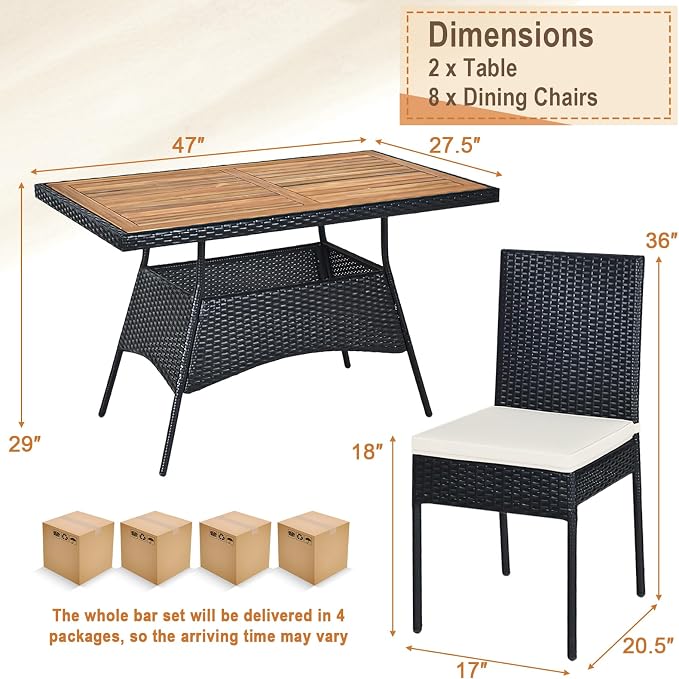Tangkula 10 Piece Wicker Patio Dining Set, Outdoor Rattan Table & Chairs Set with Padded Cushions, Patio Furniture Dining Acacia Wood Table Set for Balcony Patio Garden Poolside