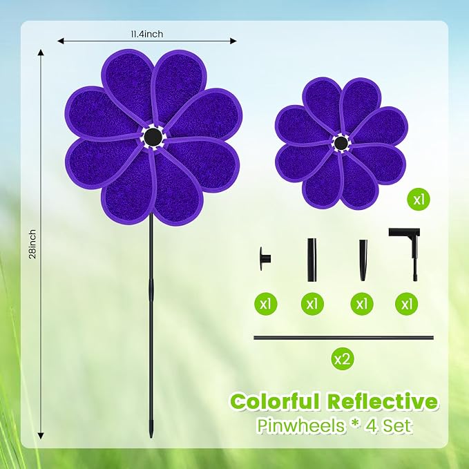 4PCS 11.4" W x 28" H Reflective Pinwheels Sparkly Lawn Wind Spinners Colorful Rainbow Windmill for Garden Decoration Bird Devices Deterrent to Scare Birds Away（Purple）